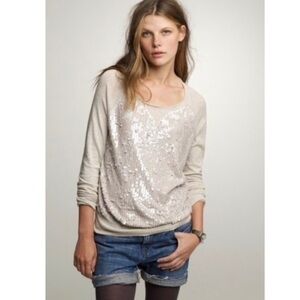 J. CREW Sequin Front Scoop Neck Sweater Silver Heather Greige Large